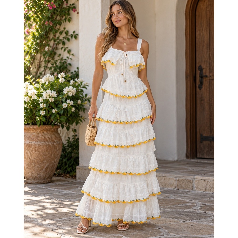 Lace & Lilac White Tiered Maxi Dress Yellow Embroidered Scallop Trim Size Small